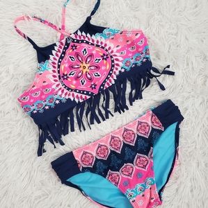 Girl's Bikini Swim Suit Blue/Pink w/ Fringe sz 7/8